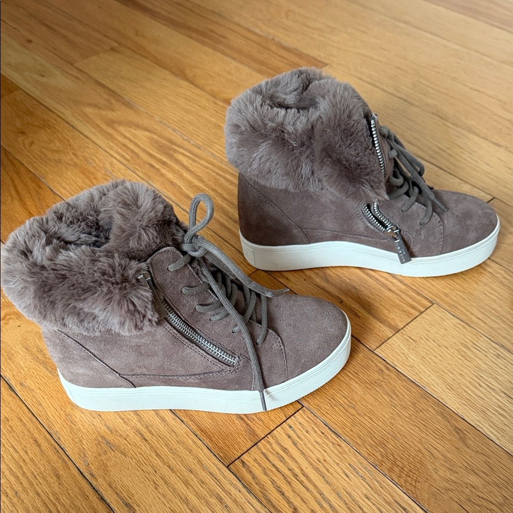 J/SLIDES Taupe Fur-Lined High-Top Sneakers